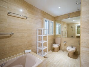 Hair dryer, bidet, towels, toilet paper