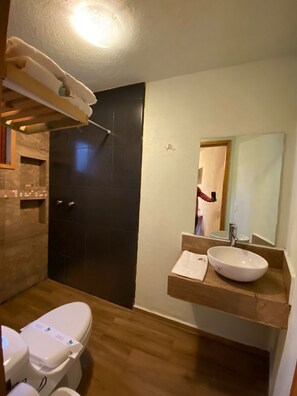 Shower, towels, soap, shampoo