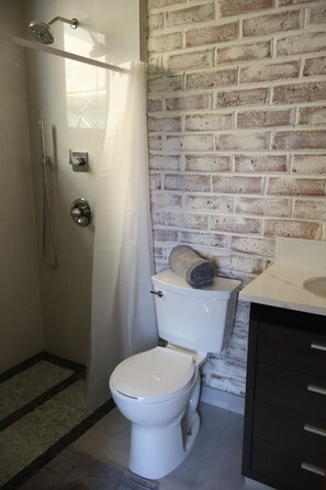 Shower, towels, soap, toilet paper