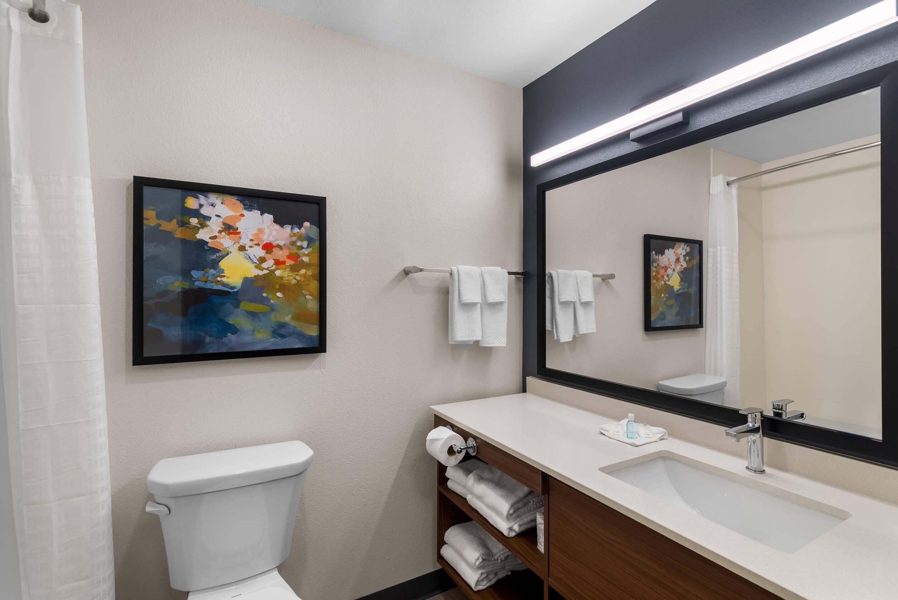Een moderne badkamer met toilet, wastafel en spiegel. Handdoeken en een lijst met kunstwerk hangen aan de muur.