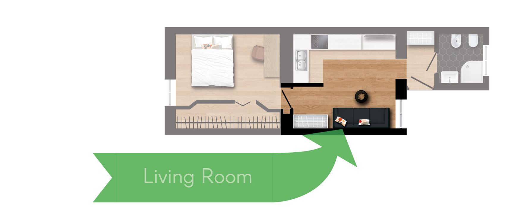 Distribución de una habitación de hotel con cama, escritorio, sofá y una pequeña cocina.