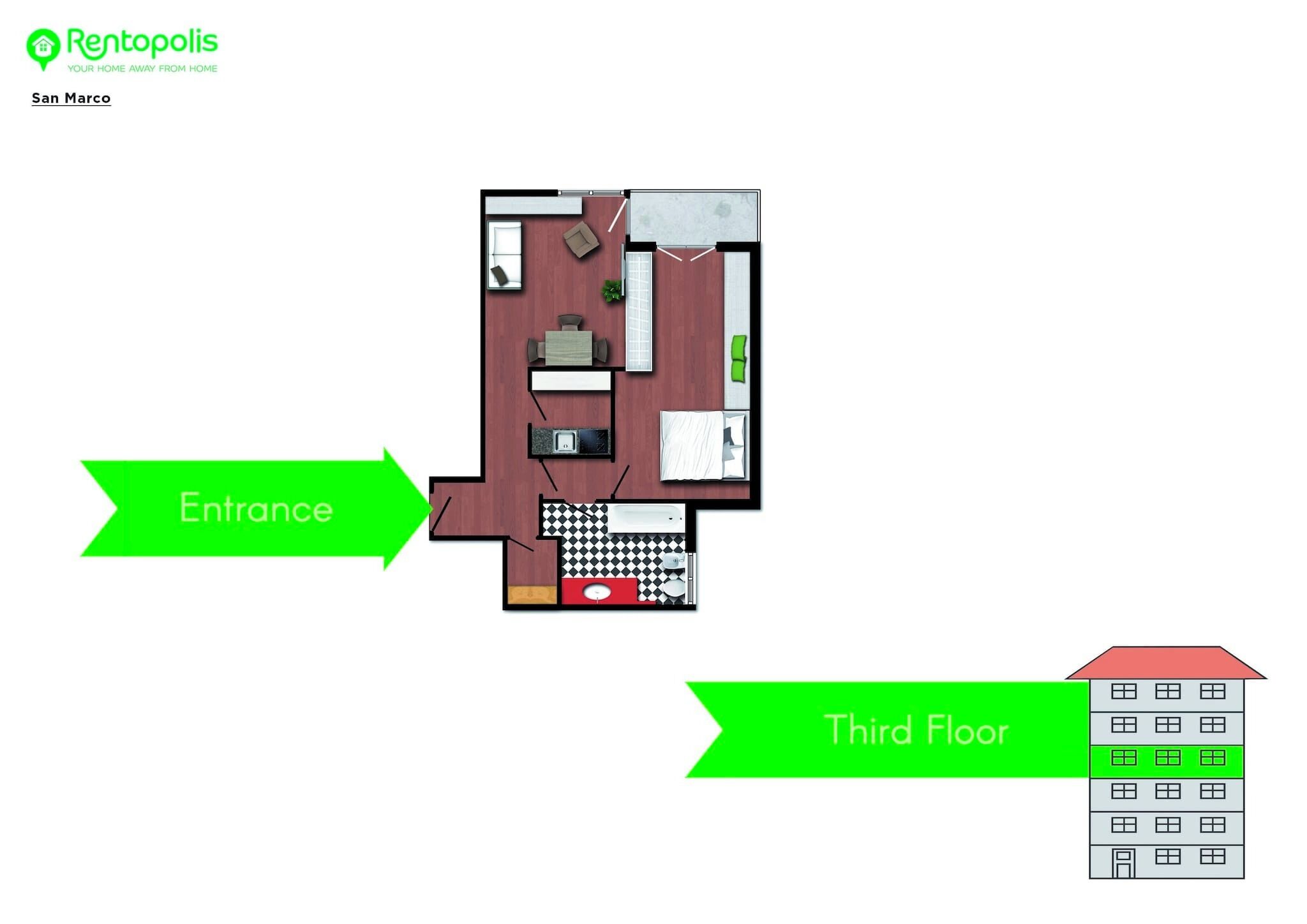Ein 3D-Grundriss eines Wohnhauses mit Eingang links und einem Plan für die dritte Etage.