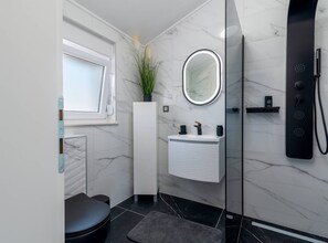 Shower, hair dryer, towels