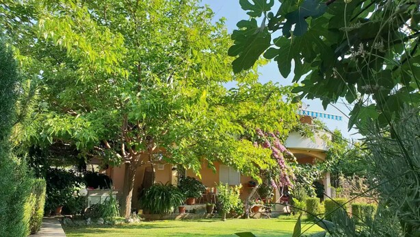 A well-maintained garden with a variety of trees and plants, a clear pathway, and a building with a yellow facade in the background. - Two Bedroom Apartment with Terrace (Kastel Stafilic)