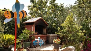 A rustic outdoor setting with a brick structure, possibly a small building or shed, surrounded by lush greenery and potted plants. - Two Bedroom Apartment with Terrace (Kastel Stafilic)