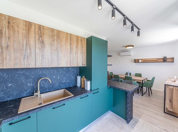 Fridge, microwave, oven, stovetop - Two Bedroom Apartment with Sea View and Balcony (Kastel Novi)