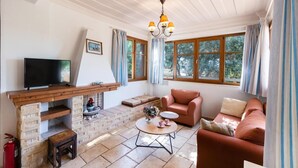 Un salon chaleureux avec une cheminée, un téléviseur, un canapé et une table basse.