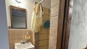 A bathroom with a sink, mirror, shower, and a towel hanging on the wall.
