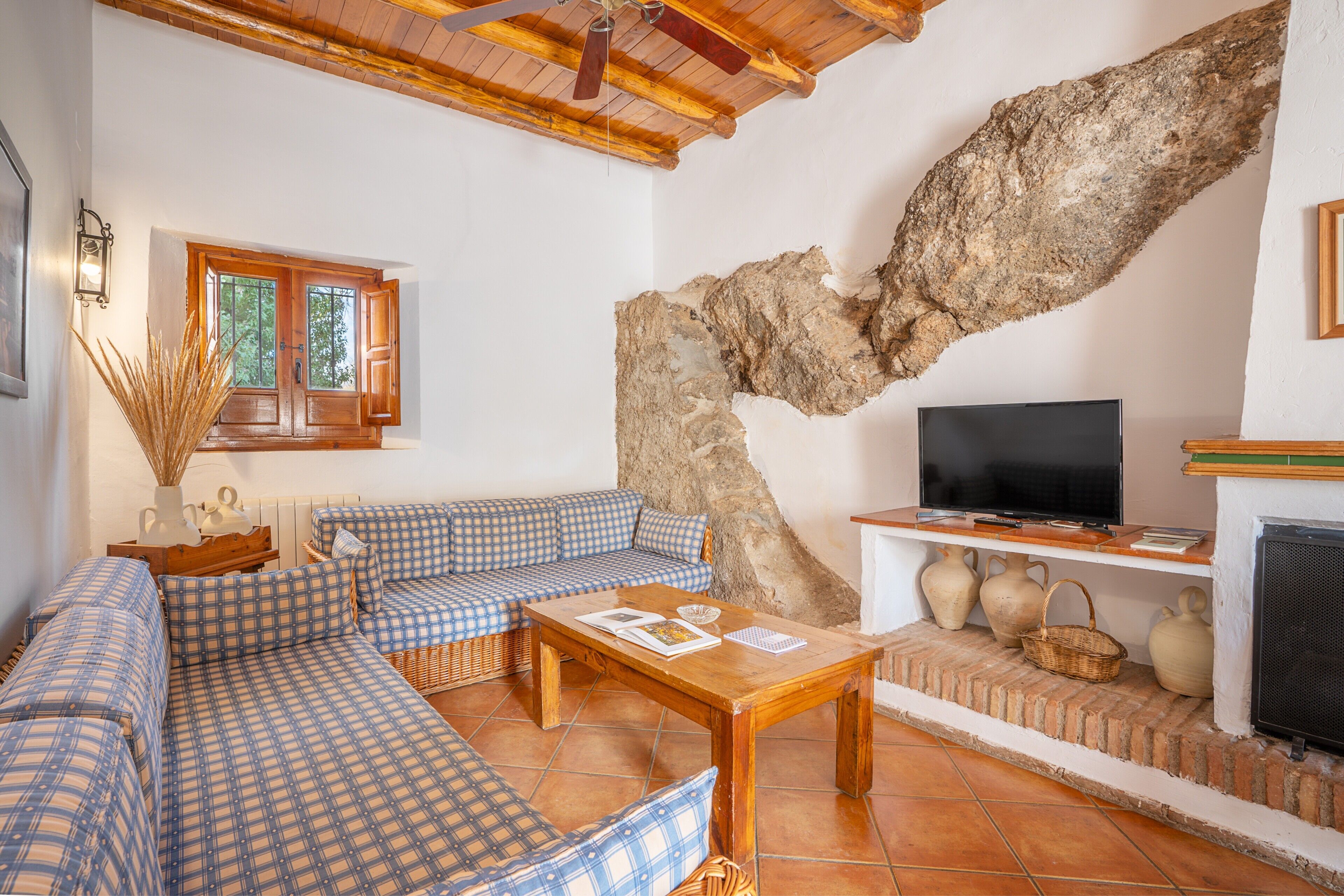 Een televisie, een open haard en een dvd-speler