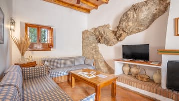 Een televisie, een open haard en een dvd-speler