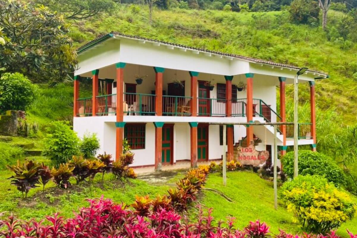 A two-story building with a balcony, surrounded by lush greenery.