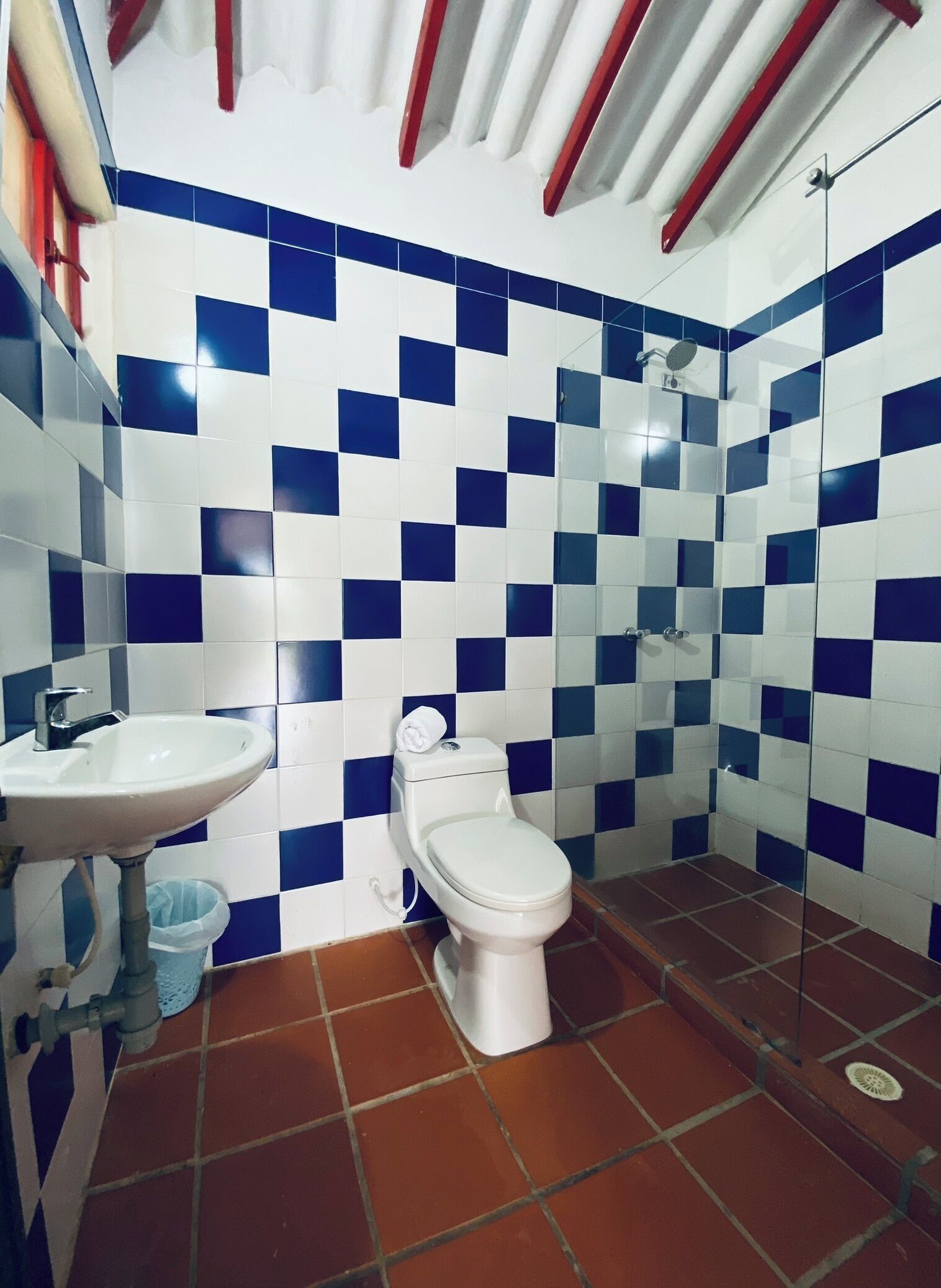 A bathroom with a white sink, a toilet, and a shower. The walls are tiled with blue and white squares.