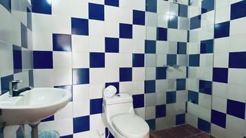 A bathroom with a white sink, a toilet, and a shower. The walls are tiled with blue and white squares.