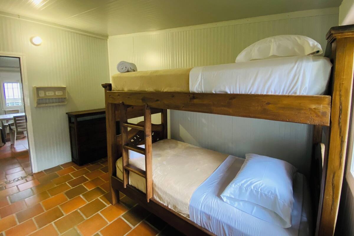 A bunk bed room with a wooden ladder, a small table, and a wall socket.