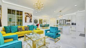 Smart TV, fireplace, foosball, books