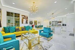 Smart TV, fireplace, books