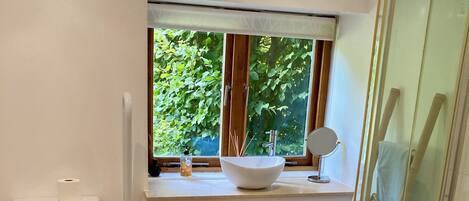 Regadera, toallas, jabón, papel de baño