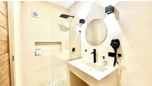 Hair dryer, towels, soap, toilet paper