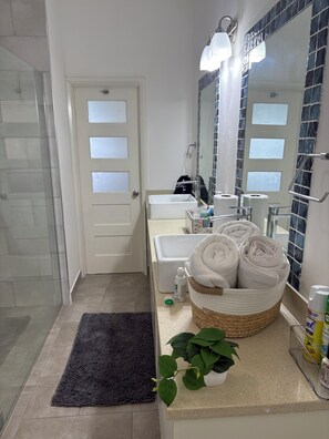 Shower, hair dryer, towels, toilet paper