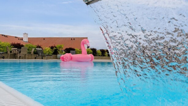 En swimmingpool med en lyserød flamingo-svømmeboj og et vandfald.