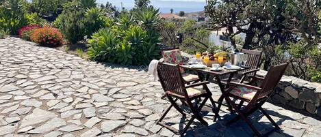 Une terrasse en pierre avec une table et des chaises, entourée de différentes plantes et offrant une vue sur le paysage.