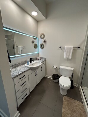 Une salle de bain moderne avec un lavabo surmonté d’un plan en granit, des toilettes blanches et une douche à parois de verre.