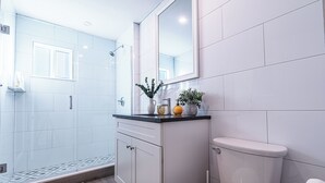A modern bathroom with a glass shower enclosure, a white toilet, and a vanity with a mirror. - Adams Village 6-Bed Apt: City Perks, Suburban Vibe (Boston)