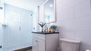 Douche, séchoir à cheveux, serviettes fournies, savon