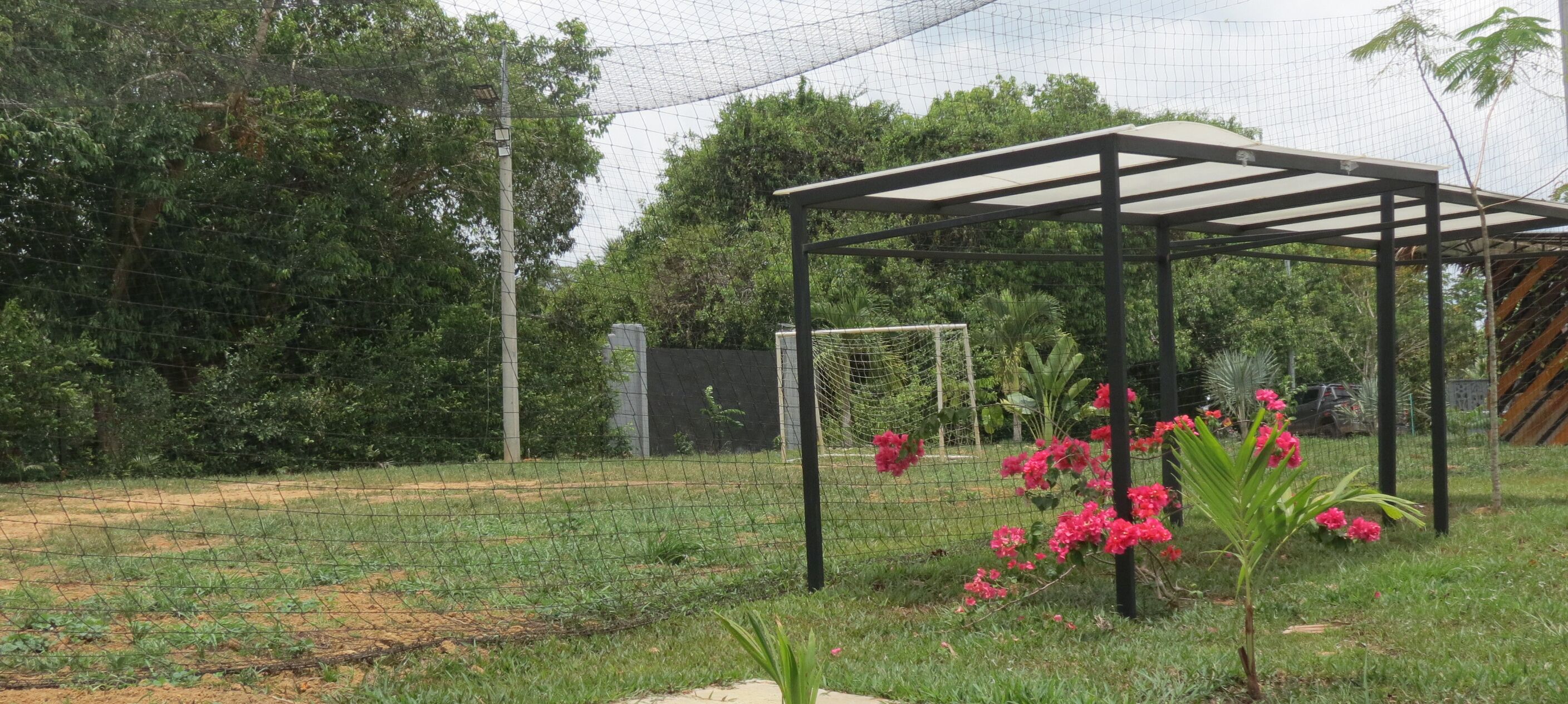 A fenced outdoor area with a pergola structure, a soccer goal, and flowering plants.