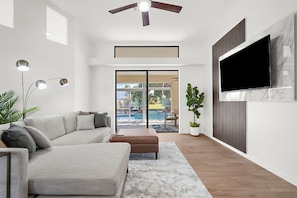 Smart TV, fireplace, video games, stereo
