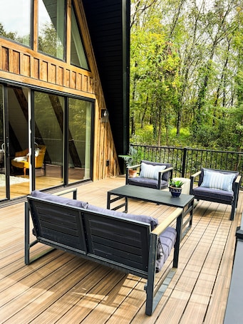 Terrace/patio. Spacious A-Frame w/ Game Room, Fire Pit & Modern Comforts in Hudson Valley