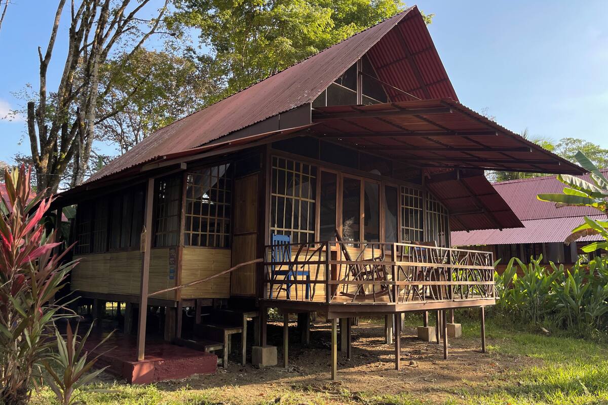 A wooden house with a large porch and a metal roof.