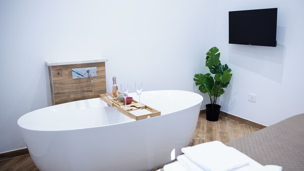 A modern bathroom with a freestanding bathtub, a wooden vanity, a mounted TV, and a potted plant. - Dimora Diaz B&B (Naples)