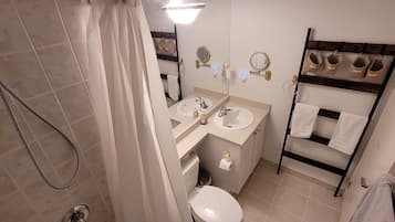 Hair dryer, towels, soap, toilet paper