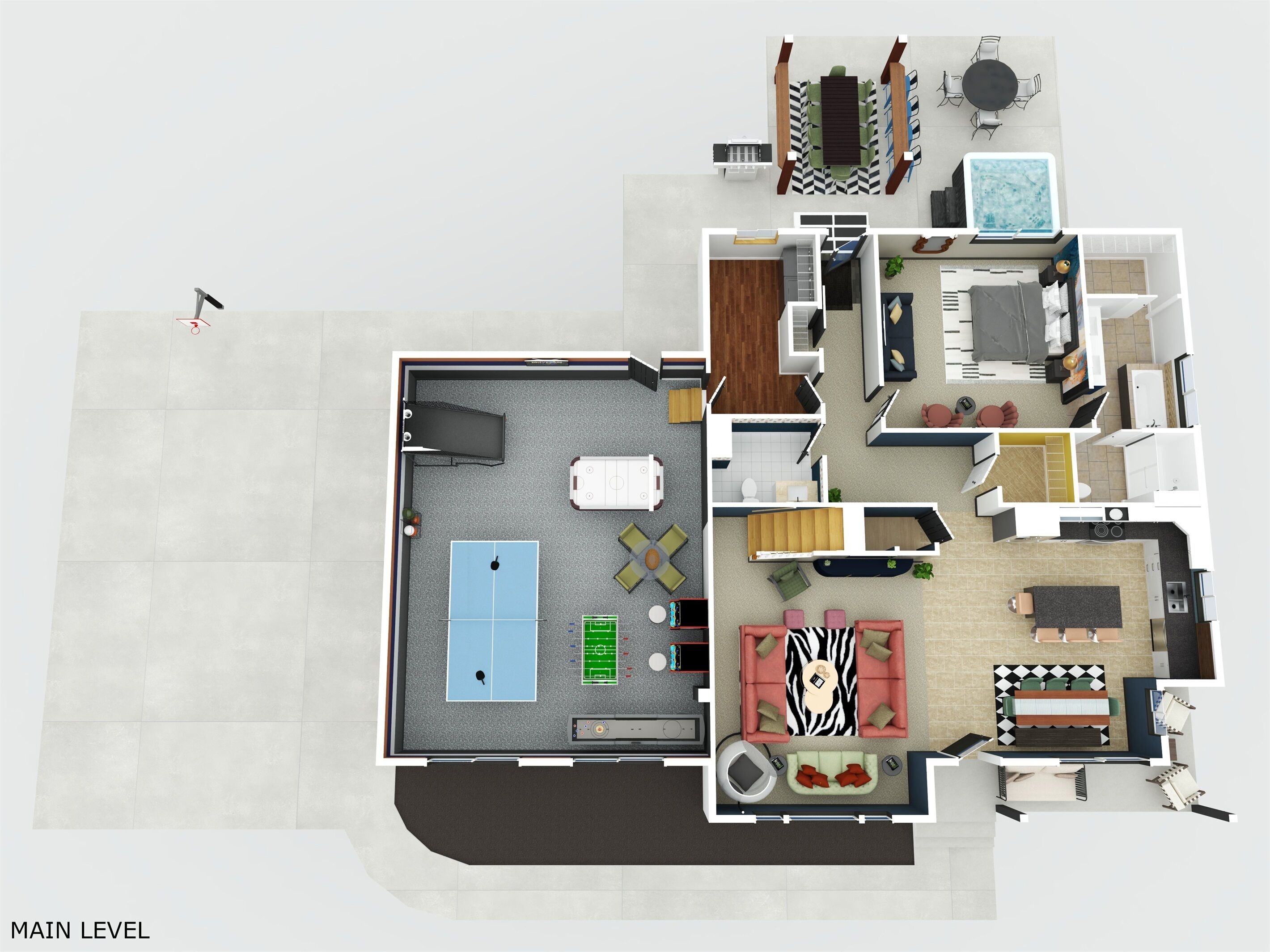 Plano de planta en 2D de un hotel que incluye una piscina, un comedor, una cocina y una sala de estar con sofá y mesa de centro.