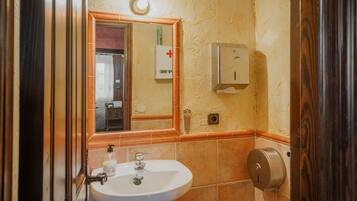 Een badkamer met een wastafel, spiegel en handdroger.