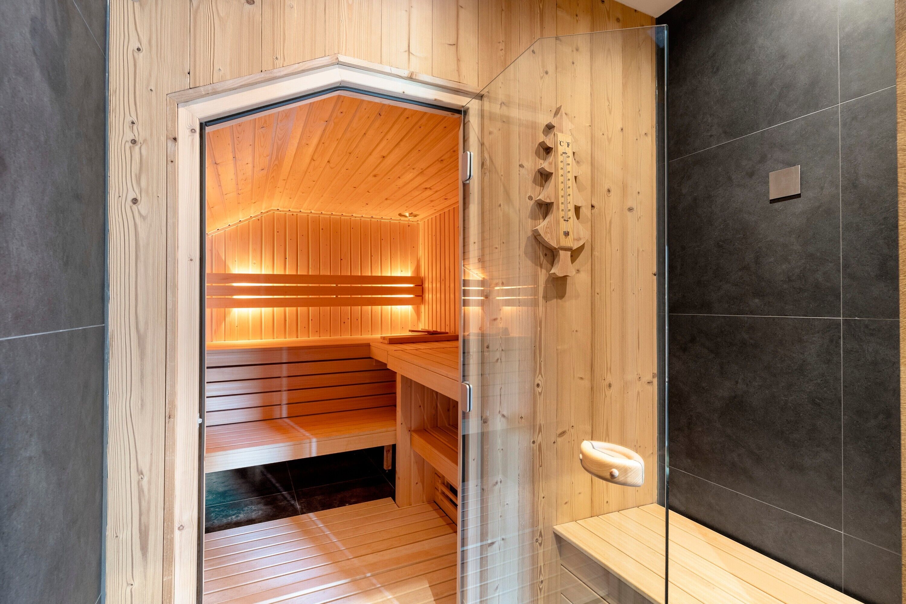 A wooden sauna with benches and a glass door.
