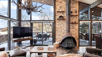 Smart TV, fireplace, books