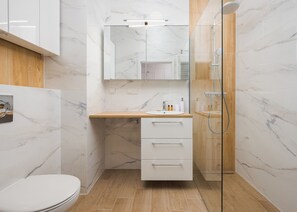 Douche, séchoir à cheveux, serviettes fournies