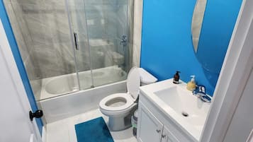 Hair dryer, towels, soap, toilet paper
