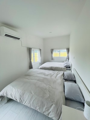 2 bedrooms, desk, laptop workspace, iron/ironing board