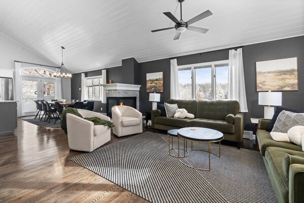 Smart TV, fireplace, table football, books