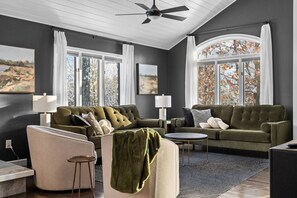 Smart TV, fireplace, table football, books