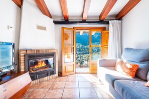 Televisión, chimenea y reproductor de DVD 