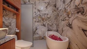 Shower, bidet, towels, soap