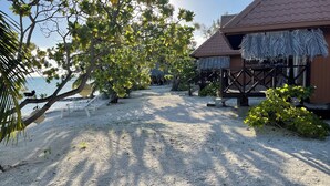 A beachside resort with thatched-roof structures, a sandy path, and lush greenery. - Flyfishing Anaa Toku Kaiga (Anaa)