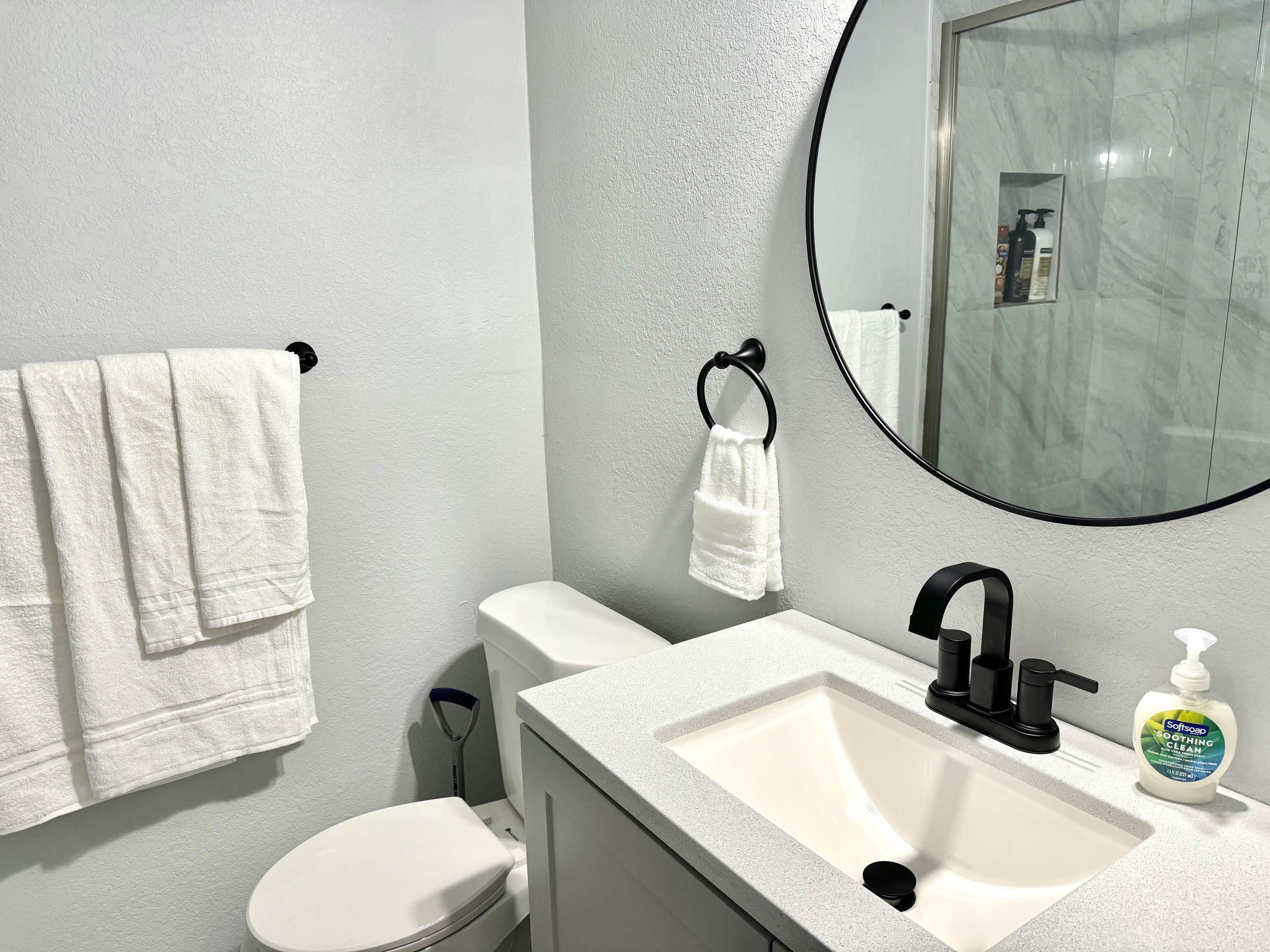 A bathroom with a toilet, sink, and mirror.