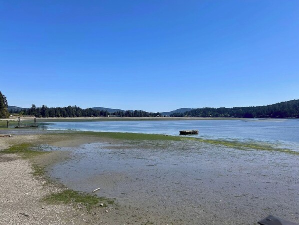 A beach with a boat, clear blue sky, and forested hills in the background. - Oceanfront Studio :Ocean access, boardwalk, dock, BBQ, Kayaks & crab traps! (Sooke)