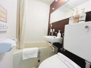Bathroom features a sink, mirror, and toilet, with a minimalist design and wooden accent panel.