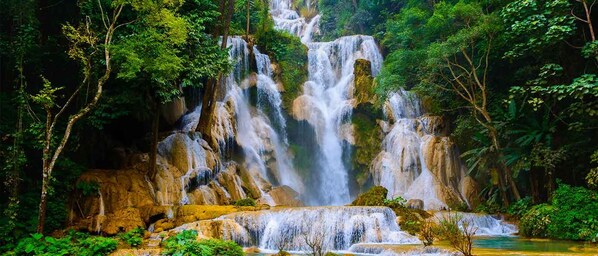 A waterfall surrounded by dense forest. - LuangPrabang Pavilion Hotel & Travel (Luang Prabang)
